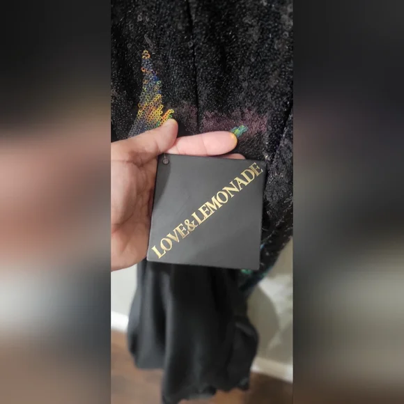 NWT-Love & Lemonade Sequin  Mermaid Gown Black Sweetheart Off Shoulder Size L - Picture 7 of 9